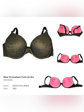 PINK Victoria's Secret Pure Black Push-Up Bra - 36D